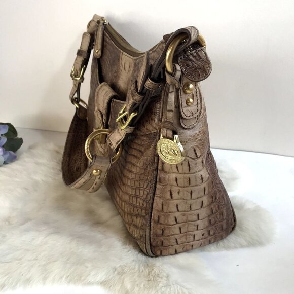 Brahmin Vintage Croc Leather Hobo Bag Brown Tan Harness Ring Medium - Picture 3 of 16